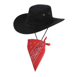 Black Cowboy Hat and Red Bandana Western Sun Cap Faux Felt Leather Suede Fancy Dress Party Costume Outfit Neckscarf Sun Protection Mens Womens
