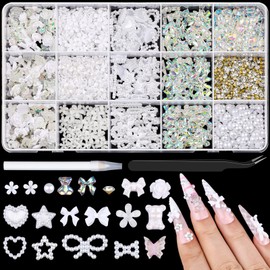 3D White Nail Art Charms and Gems, Assorted Rabbit Camellia Butterfly Bow Nail Charms Glass Pointed Back Rhinestones Flatback Pearls Multi-Size Flowers with Pickup Tools for DIY (05-15 Grids-White)
