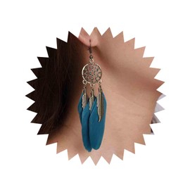 Aneneiceera Boho Tribal Feather Earrings Vintage Blue Feather Tassel Earrings Indian Ethnic Earrings Dream Catcher Earrings Jewelry for Women and Girls (Blue)