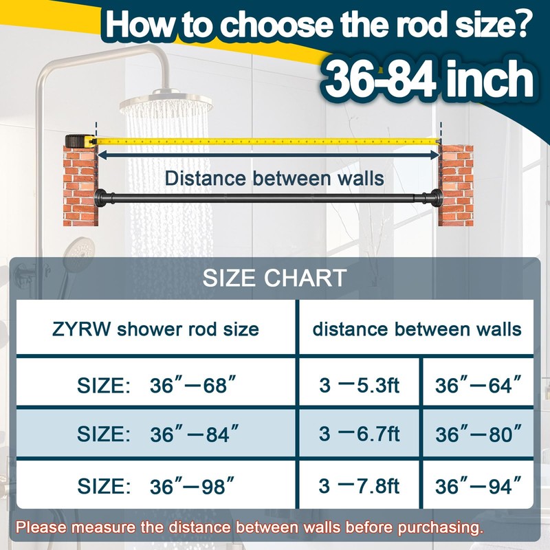 Black Shower Curtain Rod 36-84 Inch(3-7ft) Never Rust No Drilling