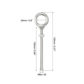sourcing map M8 5/16"x3.94" Stainless Steel Eye Bolts Threaded Screw Eyebolt Shoulder Ring with Nuts Washers for Lifting Hanging, 2 Set