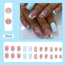 Vezocim Press on Nails Coffin with Butterfly Designs, 24Pcs Artificial Medium Nude Square French Fake Nails, Full Cover Glossy Acrylic Butterflies False Nails, Stick on Fingernails for Women (W568)