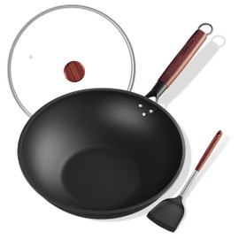 ziluetar Carbon Steel Wok 13-Inch Wok Pan with Glass Cover Silicone Spatula, Non-Stick Surface Woks & Stir-Fry Pans Pre-Seasoned Chinese Wok Pan for Induction, Electric, Gas Stoves Cooking