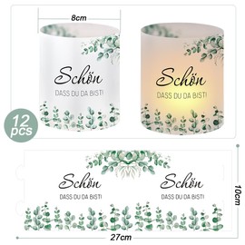 12 Tea Light Holders Table Decoration Schön DASS Du Da Bist, Eucalyptus Green Lanterns for Birthday, Wedding, Confirmation, Communion, Christening, Table Decoration, Suitable for Tea Lights or Candles