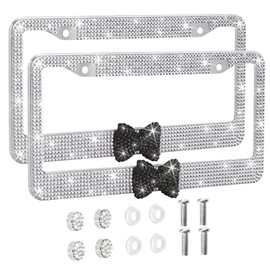 OTOSTAR 2 Pack Bling License Plate Frame with Ribbon Bow, Handcrafted Shiny Rhinestones Premium Stainless Steel 2 Holes License Plate Holder with Anti-Theft Screws Caps Set (White/Black Bowtie)