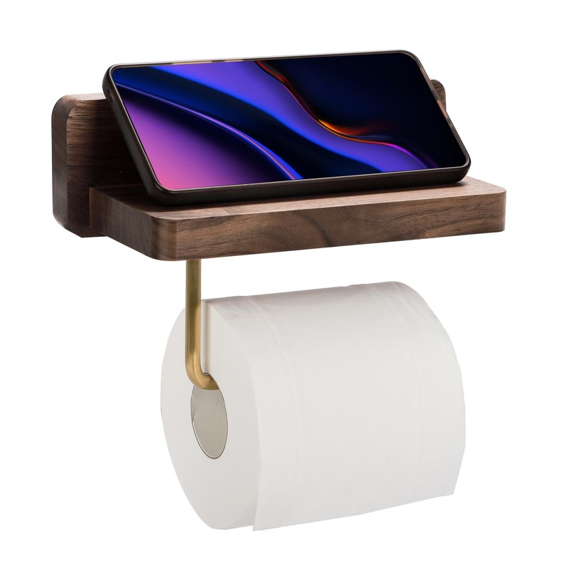 Mayhas Walnut Toilet Paper Holder Wall Mount with Shelf, Wooden