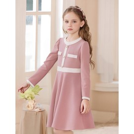 NIUSC Girls Sweater Fall Dress Long Sleeve Knit Button Color Block Winter Casual Party DressesPink,7-8year