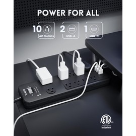 Surge Protector Power Strip 25FT(2040J), PLUGTUL Surge Protector with 10 Outlets - Spacious Design for Large Plugs, Flat Plug, 20W USB C Charging for Home, Office, ETL Listed