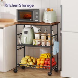 SWTYMIKI Rolling Kitchen Microwave Cart - 3 Tier Microwave Table Stand with Storage Basket and Hooks, Kitchen Utility Cart on Wheels, Coffee Cart Shelf Rack Organizer for Living Room Office, Balcony