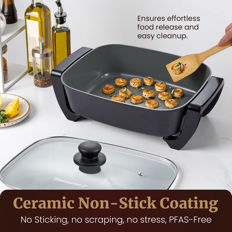 Elite Gourmet Ceralast Ceramic Electric Skillet, 12.5Qt, Black/Gray | Xtra-Deep