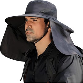 Fishing Hat for Men&Women,Outdoor UV Waterproof Wide Brim Bucket Hat,UPF50+ Sun Hat with Neck Flap - Color: Dark Grey