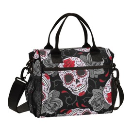 Mnsruu Insulated Lunch Bag Gothic Skulls Roses Thorns Lunch Box for Women Large Lunch Tote Thermal Reusable Cooler Bag with Shoulder Strap Work School Picnic