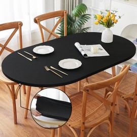 Limalred Fitted Spandex Oval Tablecloth, Soft Skin Friendly Non Pilling Breathable Fabric Table Cover with Elastic Band for Dining Gathering Party Banquet Decoration 48 x 72 Inch Black