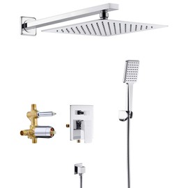 SOKA Shower Faucet Set Chrome 10 Inch Rainfall Shower Head And High Pressure Handheld Shower Head Rain Shower System Shower Trim Kit with Valve Pressure Balance Wall Mount Square Shower Combo Set