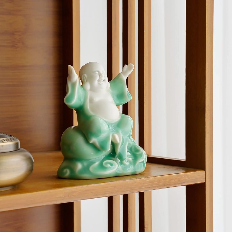 Houlu Small Green Fat Laughing Buddha Statue for Good Luck,