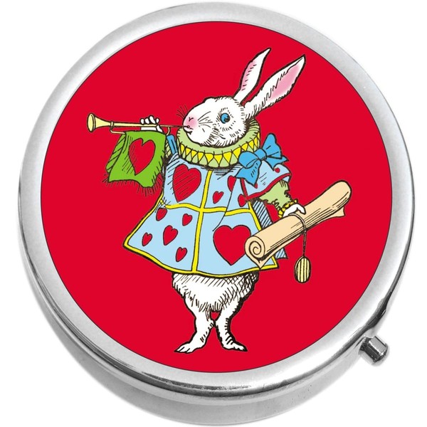 White Rabbit Alice in Wonderland Medicine Pill Box - Portable Pillbox case fits in Purse or Pocket