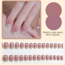 Ceboic Pack of 30 French Press on Nails, Short Square Fingernails for Sticking, Pink Gradient False Nails, Cat Eye Shiny Artificial Nails, Natural Fake Nails, Full Cover Artificial Nails for Women