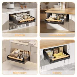 Pull Out Cabinet Organizer, 15.3'' Deep Expandable Slide Out Cabinet Organizer with Fixed with Adhesive Nano Film, Slide Out Drawers, Pull Out Drawers for Cabinet in Kitchen, Pantry, Bathroom, Black