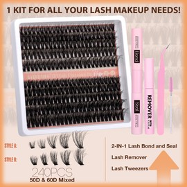 Cluster Lashes Kit Fluffy Lash Extension Kit Volume 50D 60D Individual Lashes Kit 240pcs Eyelash Extension Kit Thick Thick Eyelash Clusters with Lash Bond and Seal Lash Remover Tweezers by GVEFETIEE