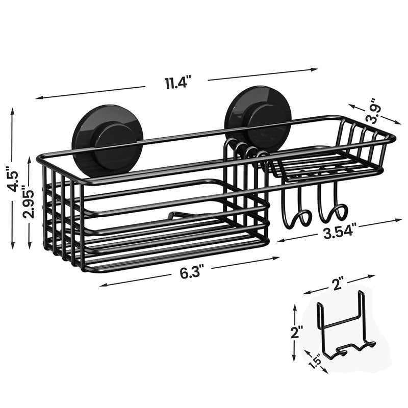 LEVERLOC Shower Caddy Suction Cup, Black Shower Shelf with Hooks