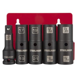 Steelman 5-Piece 6-Point Thin-Wall Impact Flip Socket Set, 1/2-inch Drive 3-inch Extension Bar, 17mm x 19mm and 19mm x 21mm Metric Sockets, 3/4" x 13/16" and 7/8" x 15/16" SAE Sockets