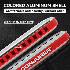 CONJURER Blues Harmonica for Students Adult Beginners 10 Hole Diatonic Harmonica Key of C, Brass Reed Metal Mouth Organ C Key with Case, Red