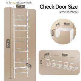 Delamu Pantry Door Organizer, Adjustable Metal Over the Door Pantry Organizer Rack, 6-Tier Over the Door Spice Rack, Kitchen Pantry Door Organizers and Storage, D5 W12 H52.1 inch, White