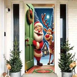 Saoplasa Christmas Door Cover Santa and Reindeer Banner 71 x 35 Inch Cartoon Holiday Backdrop with Green Door Snow Background for Christmas Party Decoration Front Door Wall Hanging Winter Photo Prop