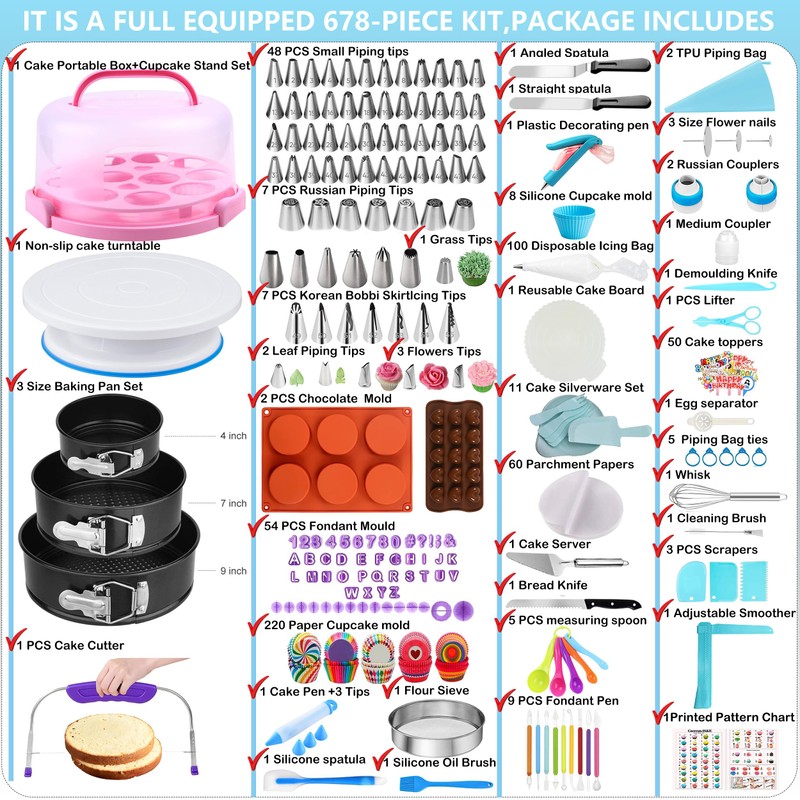 Gawren-H&E 678pcs Cake Decorating Kit,Baking Supplies with Decorating Tools,Cake Carrier,Cake