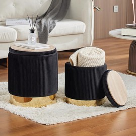 2BYF Round Ottoman with Storage Set of 2 Upholstered Velvet Vanity Stool for Living Room Storage Ottomans Multifunctional Foot Rest (Sherpa Black)