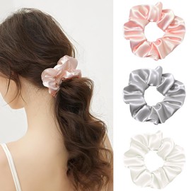 PUSCOBSY Silk Scrunchies for Women, Silk Scrunchie for Sleeping without Hair Breakage, Soft Mulberry Silk, Hair Gentle Hair Bobbles for Thick and Thin Hair, Pack of 3 Pink Silver Grey White