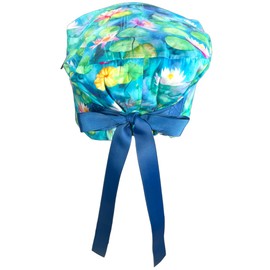 CALOMED CALOMED Scrub Cap for Women, Euro Style Scrub Caps, Working Hat, Head Cover with Ribbons and Buttons, Long or Short Hair (Waterlilies)