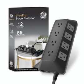 GE UltraPro Adapt - Protector de sobretensiones de 12 Tomas, Cable Trenzado de 6 pies, Protector de sobretensión, Tira de alimentación de protección contra sobretensiones, 3540 Julios, Negro, 74542