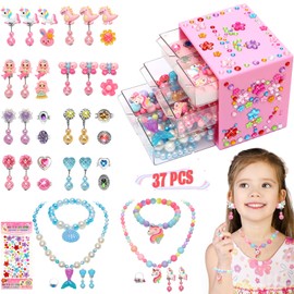 Toys for Girls Jewelry,37PCS Princess Toddler Girl Toys Age 6-8 for Pretend Play & Dress Up, Adjustable Ring Clip on Earrings Kids Toys for 3 4 5 6 7 8 9 Year Old Girls Christmas Birthday Gifts Ideas