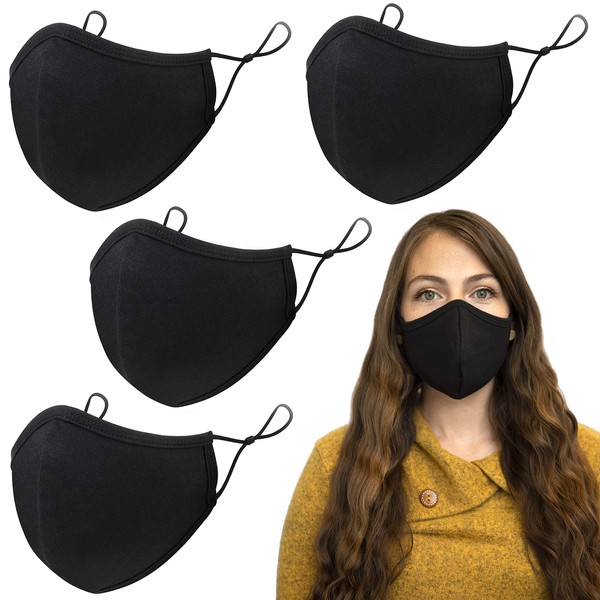 Face Masks for Men and Women | Washable and Reusable Protection | Elastic Ear Straps with Adjustable Toggles | 3 Layer Breathable Filtering Cloth Masks for Dust and Travel | Black | 4 Pack