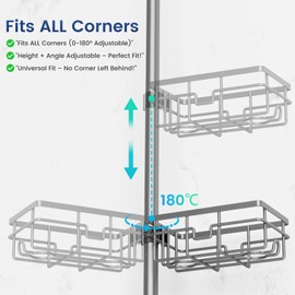 Mixoo Corner Shower Caddy Tension Pole - Adjustable 30 to 120 Inch Shower Organizer with 6 Shelves, Towel Rack, Toothbrush Holder, Soap Dish, Bathroom Corner Storage for Shower, Bathtub (Gray)