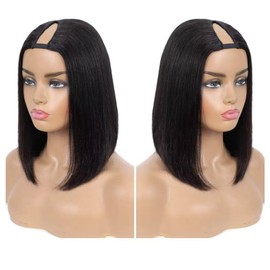 Bob Wig Human Hair U Part Straight Human Hair Wigs For Women No Lace Ready To Go Glueless Wig Human Hair 180% Density 10 Inch