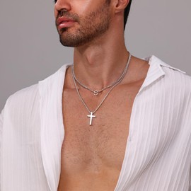 Initial Cross Pendant Chain Necklace for Men Letter S Jewelry Birthday Gift for Men