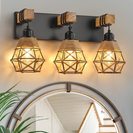 Rustic Style Wood Bathroom Wall Sconce，3 Light Bathroom Vanity Light Fixtures， with Boho Wicker Twine Lampshade，Suitable for Bedroom, Hallway, and Living Room，Rattan Black Farmhouse Wall Sconce