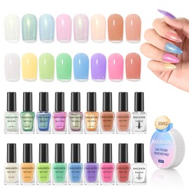 Nailshion 16 Colors Nail Polish Set Spring Summer Regular Jelly Nail Polish Air Dry Glitter Shimmer Nail Lacquer Bulk Toenail Polish Kit with Base Top Coat & 35Pcs Polish Remover Pads Gift