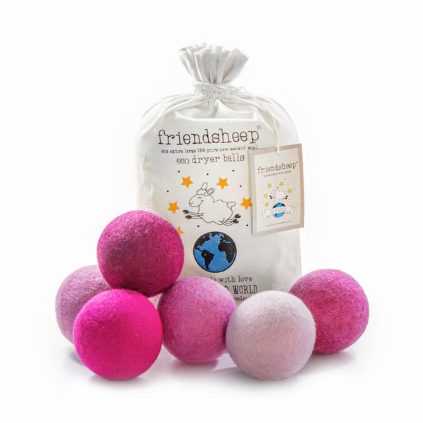 Friendsheep Wool Dryer Balls 6 Pack XL Organic Premium Reusable Cruelty Free Handmade Fair Trade No Lint Fabric Softener - Pink Valentine
