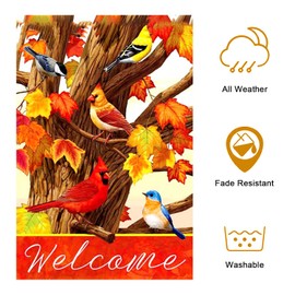 Global life house Fall Cardinal Red Birds Home Decorative Garden Flag, Autumn Maple Leaves Yard Lawn Birdhouse Outside Decor, Farmhouse Outdoor Small Burlap Decoration Double Sided 12 x 18 inch