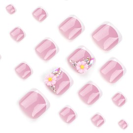YEFIUO 24 Pcs White French Pink Press on Toenails - Gel Nail Art Tips with 3D Rhinestone Flower Charms Design, Full Cover Acrylic False Nails