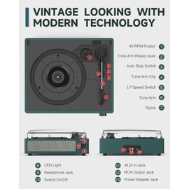 Record Player for Vinyl Turntable with Built-in Wireless Receiver & 2 Stereo Speakers 3 Speed 3 Size LP Player Portable Turntable for Vinyls Records Headphone AUX RCA Auto Stop New Sleek Dark Blue