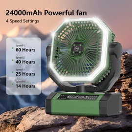 Portable Fan 24000mAh Battery Powered with Remote & LED, 4 Speed Strong Airflow, Desk/Camping/Outdoor/Gym Fan for Office Travel Treadmill Camping Gear