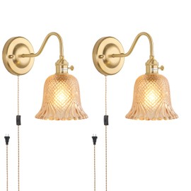Shenmoyl Plug in Wall Sconce Set of 2, Gold Vintage Wall Decor Lights with Amber Diamond Flower Glass Shade, Indoor Brass Corded Wall Lamp Fixture for Bedroom Living Room Bathroom Hallway
