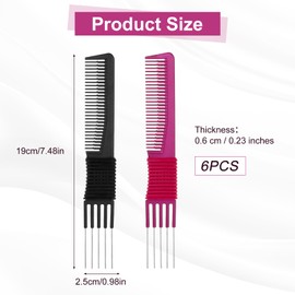 6PCS Lift Teasing Combs with Metal Prong, Non-slip Handle Hair Pick Comb for Women, Ergonomic Lifting Fluffing Comb with Metal Pick, Suitable for Detangling and Hair Styling