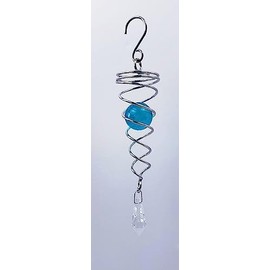Teal 6-Inch Round Glass Gazing Ball Wind Spinner Twister Tail Stabilizer Stainless Steel with Crystal Wind Chime Ornament