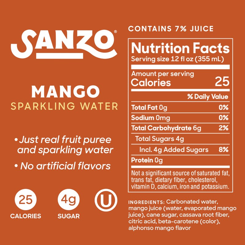 Sanzo Flavored Sparkling Water - Mango Soda Seltzer - Low