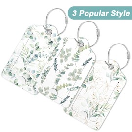 Hnogri 3 Pcs PU Leather Luggage Tags for Suitcase, Travel Cruise Luggage Tag with Privacy Flap, Name ID Label and Metal Loop for Women Men Baggage Handbag School Bag Backpack, Green Leaves